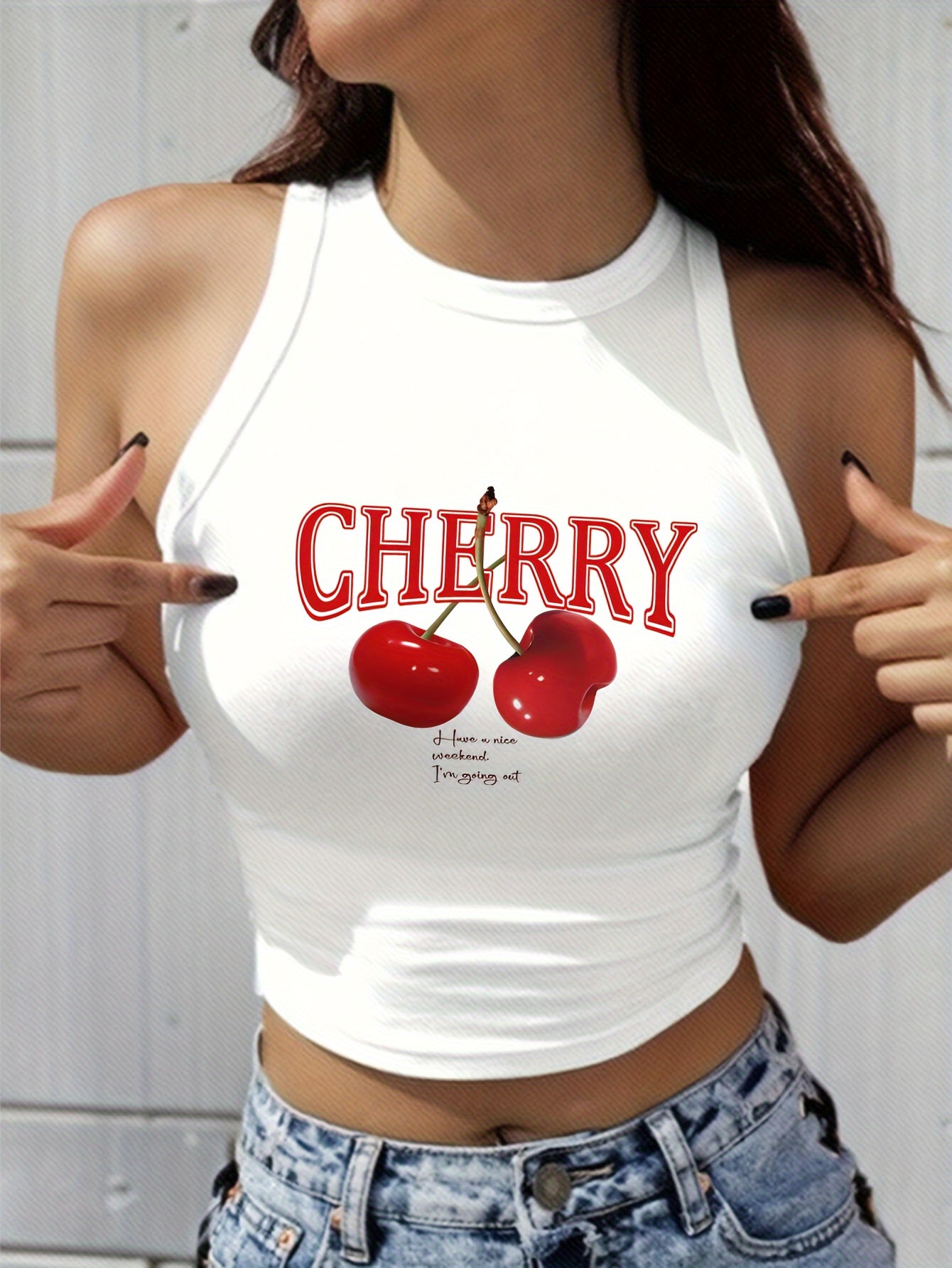 Women's Elegant Cherry Print Crop Top Tank - Stretchy Polyester Blend, Round Neck, Machine Washable, Semi-Sheer Geometric Pattern Sleeveless Vest